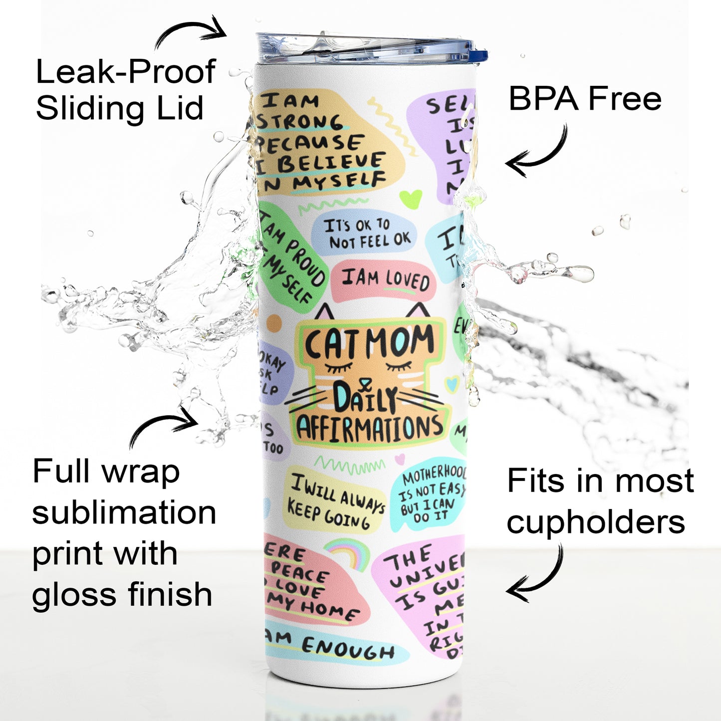 Cat Mom Daily Affirmations Tumbler, Gift For Mother's Day, Positive Energy Gifts